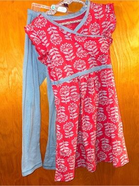 Tea Collection Girls Red Floral Wrap-Style Dress with Blue Stripe Trim Set